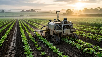 Obraz premium Autonomous agricultural robot spraying pesticide on green vegetable crops at sunrise