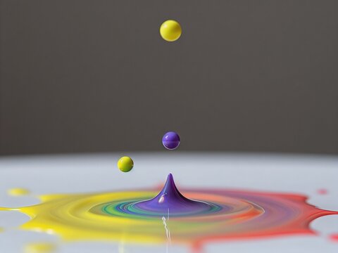 Abstract rainbow liquid splash with suspended drops and concentric ripples