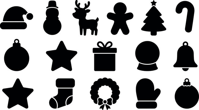 Christmas character and holiday symbol black vector icon set for winter festive designs