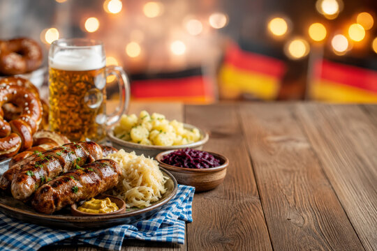 Bavarian cuisine with sausages, sauerkraut, pretzels, and beer for autumn festivals with copy space.