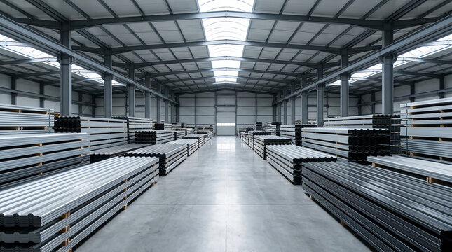 A spacious warehouse interior with neatly stacked metal pipes on both sides under a high ceiling with skylights.