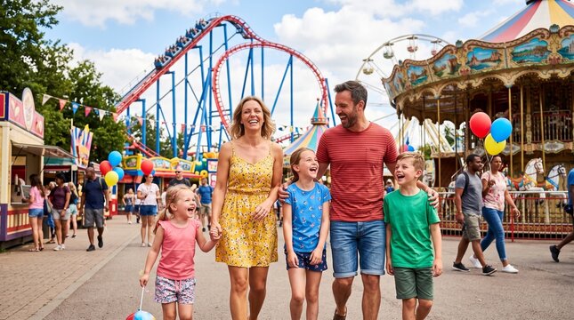 Happy family enjoying a day at the amusement park.