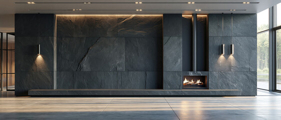 Fototapeta premium A panoramic view of a modern minimalist interior featuring a massive fireplace structure clad in dark slate stone tiles, equipped with a linear fire pit and warm ambient LED lighting.