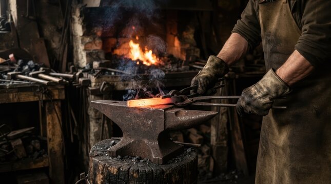 Blacksmith shaping glowing hot metal bar on anvil in dimly lit forge