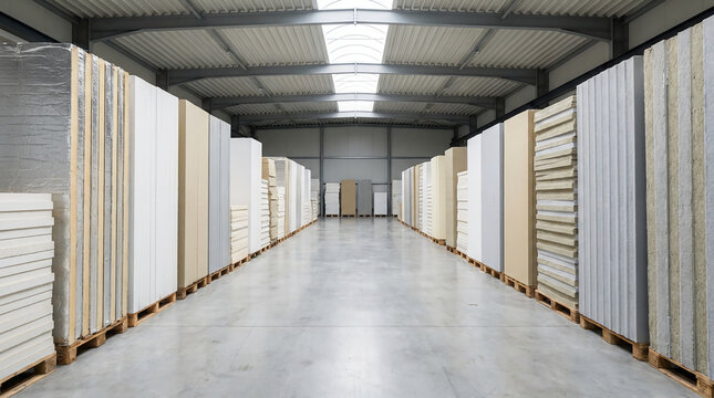 A spacious warehouse aisle with tall stacks of large stone slabs neatly organized on both sides under a metal roof with skylights.