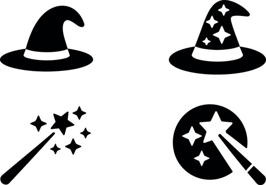 Black magic icon set including witch hat wizard hat and magic wands with glowing stars vector elements collection design