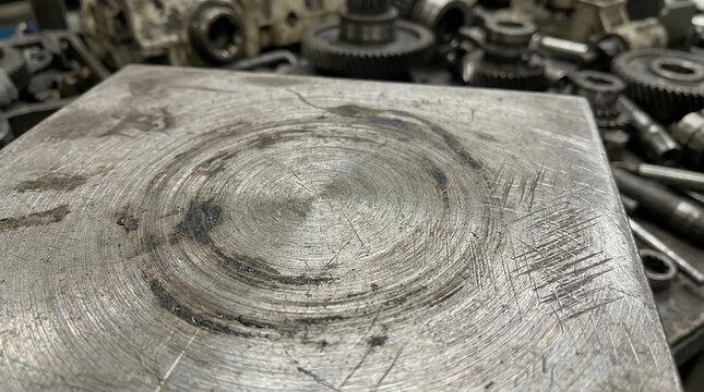 A close-up of a scratched, metallic surface with mechanical gears and parts blurred in the background.