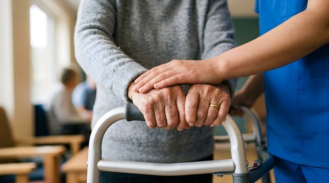 Professional caregiver assisting elderly woman with mobility in bright senior living facility