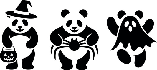Naklejka premium Set of Halloween Vector Silhouettes Featuring Cute Pandas with Witch Hat Pumpkin Bucket Spider and Ghost Costume