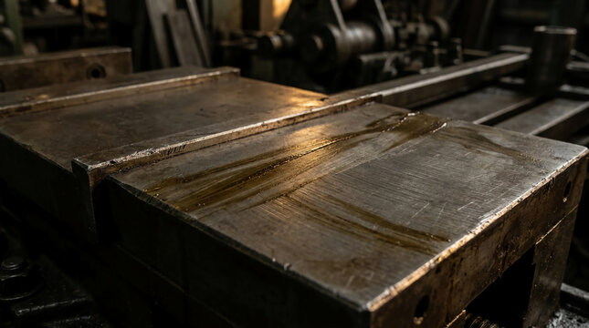 Close-up of metal slabs in an industrial setting, highlighting texture and reflections on the surface under warm lighting.
