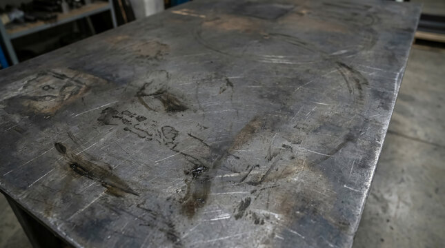 A close-up of a scratched, worn metal surface with various marks and inscriptions, likely from heavy use in an industrial or workshop setting.