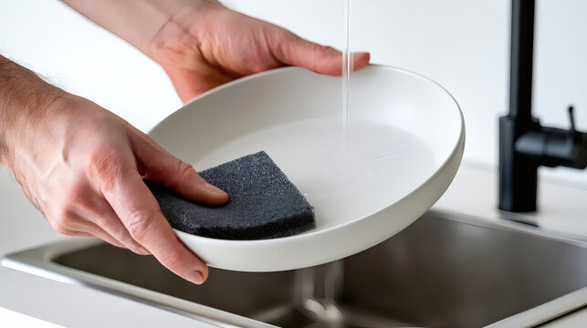 Close-up of hands washing a white plate with a black sponge under running water in a modern kitchen sink.