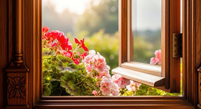 window with flowers outside, pink and red geraniums
