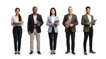 Obraz premium Diverse Education Professionals Team of Five Full Body People Isolated on White Background – Teaching and Training Concept