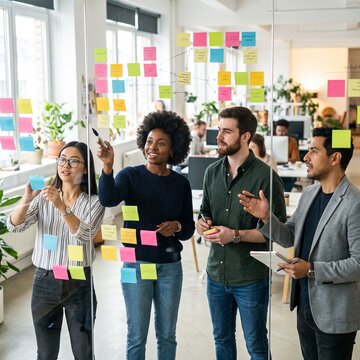 Diverse business team brainstorming and planning project with colorful sticky notes on glass wall in modern office