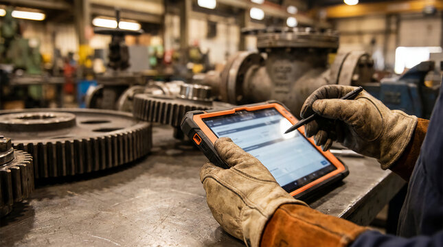 Worker wearing gloves uses a rugged tablet to inspect and record data in an industrial workshop with large mechanical gears and equipment.