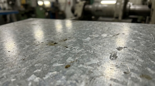 Close-up of a textured, metallic surface with smudges and marks, set in an industrial environment with blurred machinery in the background.