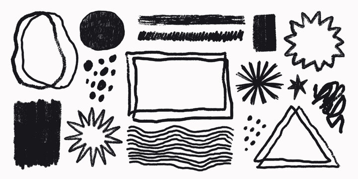 Crayon shape set with grunge texture. Star, asterisk and frame elements suit stickers, prints and posters