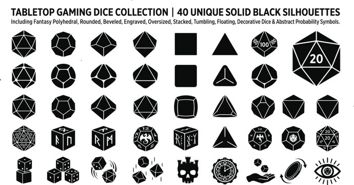 Tabletop Gaming Dice Solid Black Vector Silhouette Collection with Polyhedral, Fantasy, Decorative and Abstract Dice Designs