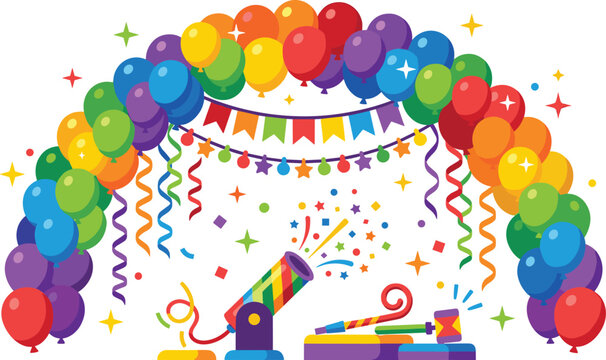 Colorful Balloon Arch with Confetti Cannon, Streamers, Bunting Flags, and Party Popper for Birthday and Celebration Designs