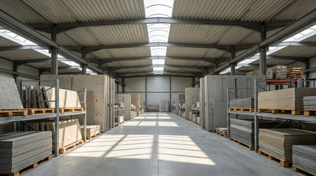 A spacious industrial warehouse with neatly organized shelves holding large stone slabs under a high, curved skylight roof.