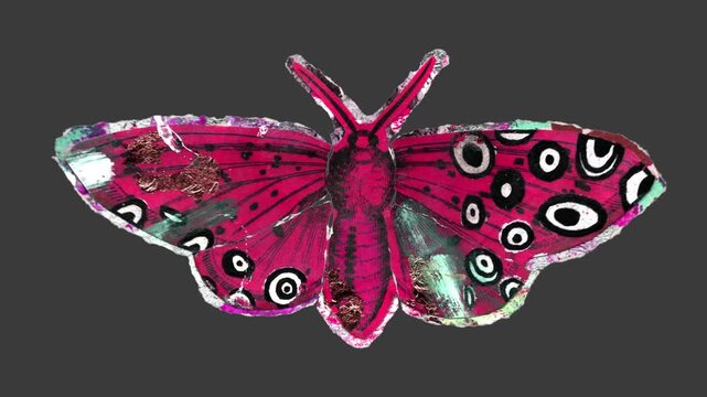 A looping animated drag and drop overlay featuring a colourful mixed-media paper butterfly with realistic flapping motion. 
