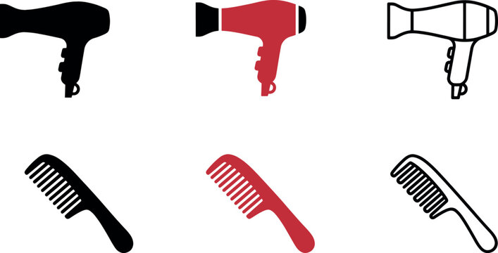 Hair dryer and comb icons in black red and outline styles for beauty salon concepts
