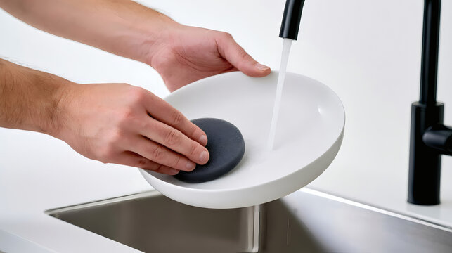 Male hands washing a white plate with a black sponge under running water in a modern kitchen sink, close up.
