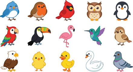 Fototapeta premium Colorful Bird Icon Set with Robin, Cardinal, Owl, Penguin, Parrot, Toucan, Flamingo, Hummingbird, Eagle, Duck, Swan, and Pigeon Designs