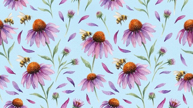 Gentle botanical print for baby textile. Summer watercolor botanical print with bees. Watercolor seamless pattern with bumblebees and flowers. Spring watercolor pattern with flying bees. 