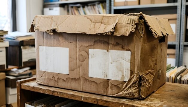 Old damaged cardboard archive box on a wooden shelf in a messy storage room