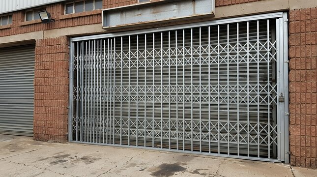 Silver Metal Security Folding Grille Gate Closed Over Industrial Rolling Shutter Door Front View security gate grille shutter door metal closed storefront shop warehouse rolling steel folding