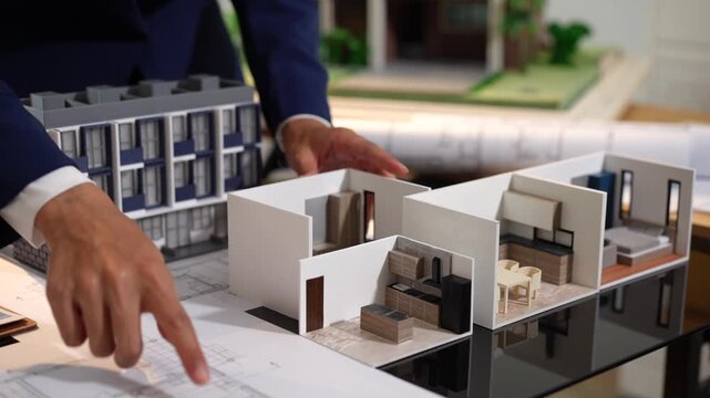 Architect in a suit arranging a modern house model on blueprints in an office, showing interior design, planning, construction, and real estate development.