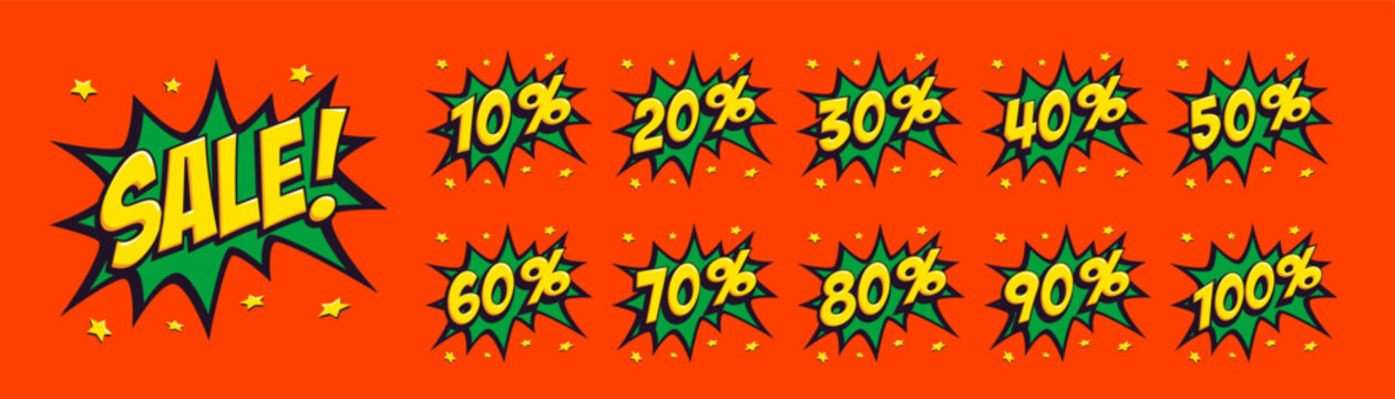 Comic sale badges with green starburst shapes and bold yellow lettering on bright orange background with small stars. Discount icons in retro pop art style. Ideal for promo banners, retail ads.