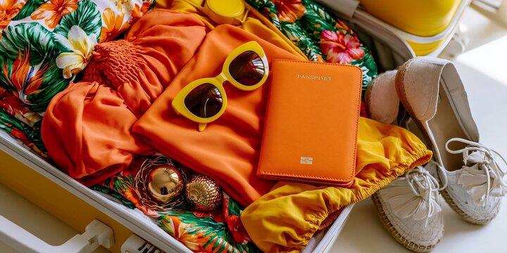 Vibrant orange and yellow travel essentials packed inside an open suitcase for a summer vacation trip.