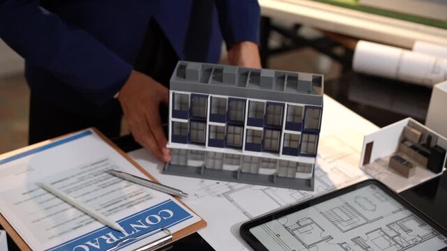 Architect or developer presenting a modern building model over blueprints and tablet floor plans in an office, showing design, planning, and real estate project work.