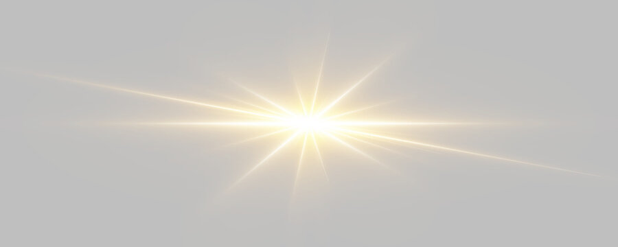 Bright yellow sun shines with radiant beams and sparkling light. Soft lens flare adds a warm glowing effect. Transparent PNG is ideal for summer designs and overlays.