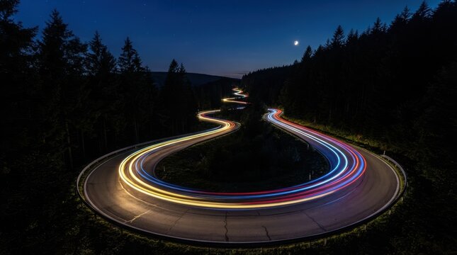 Long exposure night photo of colorful car light trails on a winding mountain road through a dark forest