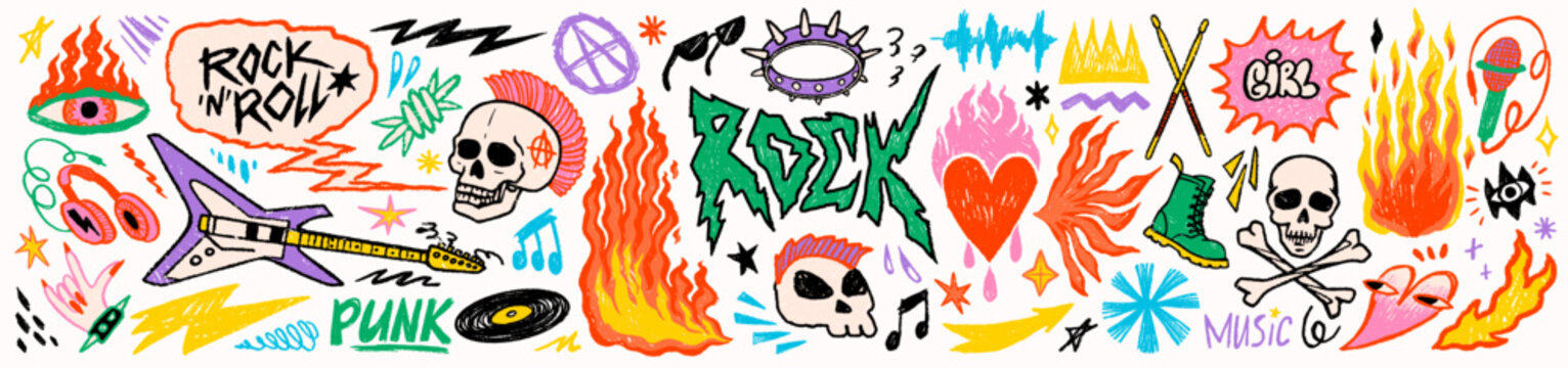 Punk rock music sticker set with fire, skull, guitar and tattoo doodle symbols in colorful scribble style. Rock punk graphics for posters, merch and album prints