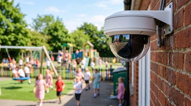 Dome security camera on building exterior, glossy lens reflecting surroundings, blurred school playground with children on sunny day