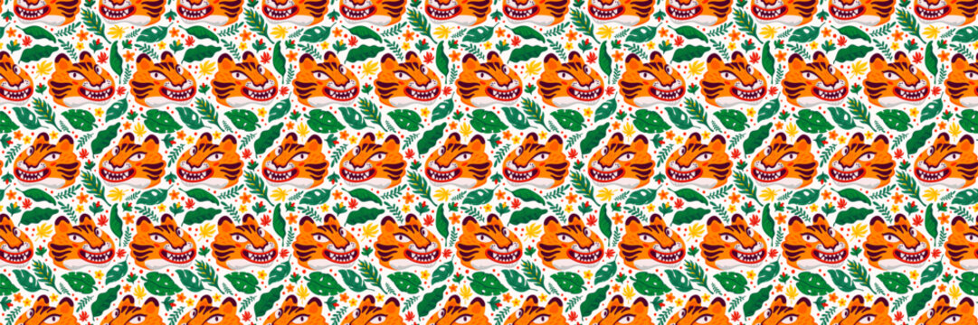 Asian seamless pattern with large tiger faces on white background. Cartoon tiger illustration with lush foliage for fabric and wrapping paper. Drag to swatches panel to use