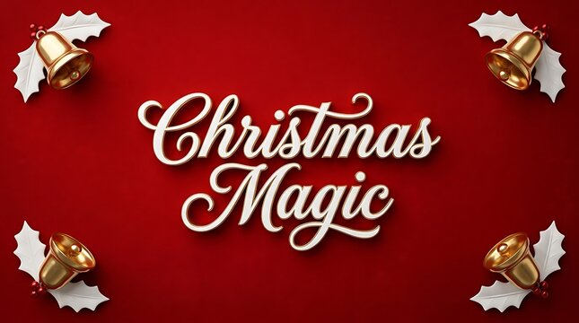 Christmas Magic written in script font with festive decorations and bells on red background