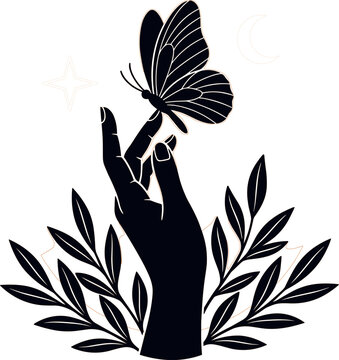 Mystical Hand Vector with Butterfly Moon Star and Leaf Wreath Silhouette Boho Illustration for Logo Design