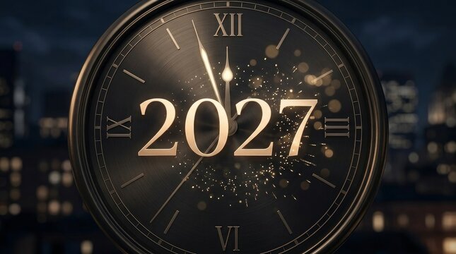 Futuristic clock showing year 2027 with starry background
