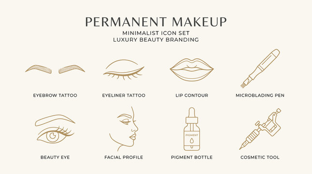 Permanent makeup minimalist icon set featuring luxury beauty branding elements, eyebrow tattoo, and microblading tools in gold line art