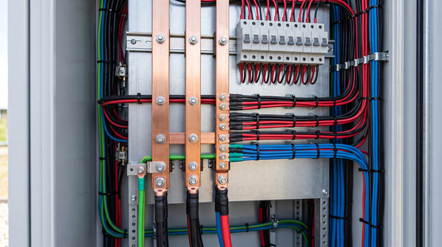 Close-up of telecommunications DC busbars of a cabinet for clean power distribution during design and construction