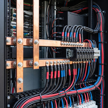 Close-up of telecommunications DC busbars of a cabinet for clean power distribution during design and construction