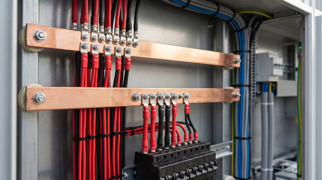 Close-up of telecommunications DC busbars of a cabinet for clean power distribution during design and construction