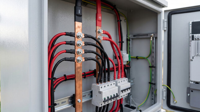 Close-up of telecommunications DC busbars of a cabinet for clean power distribution during design and construction
