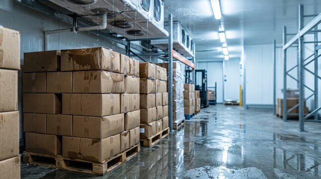 Water dripping on cardboard boxes in cold storage warehouse